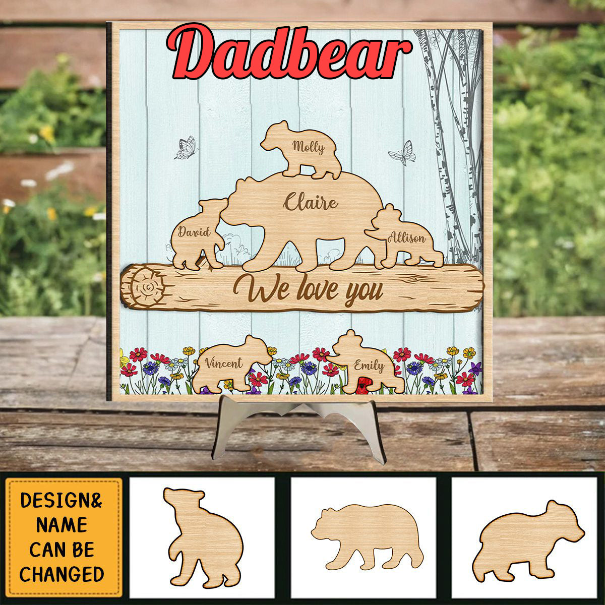 Personalized Grandpa/dad Bear 2 Layered Wooden Plaque