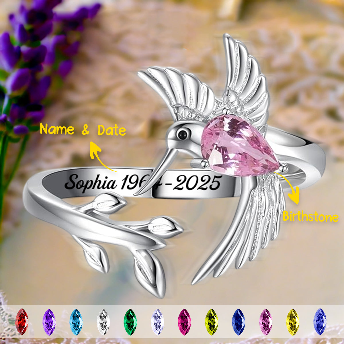 Personalized Memorial Hummingbird Leaf Ring - Those we love don't go away they fly beside us every day