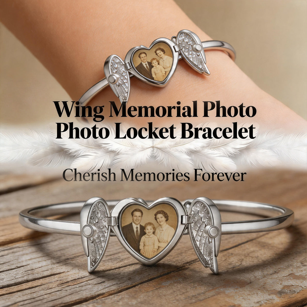 Personalized Heart Shape Zircon Angel Wing Photo Locket Bracelet Anniversary Birthday Memorial Gift for Wife Mother Grandma