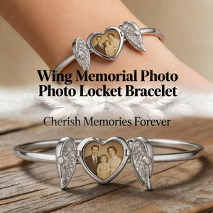 Personalized Heart Shape Zircon Angel Wing Photo Locket Bracelet Anniversary Birthday Memorial Gift for Wife Mother Grandma