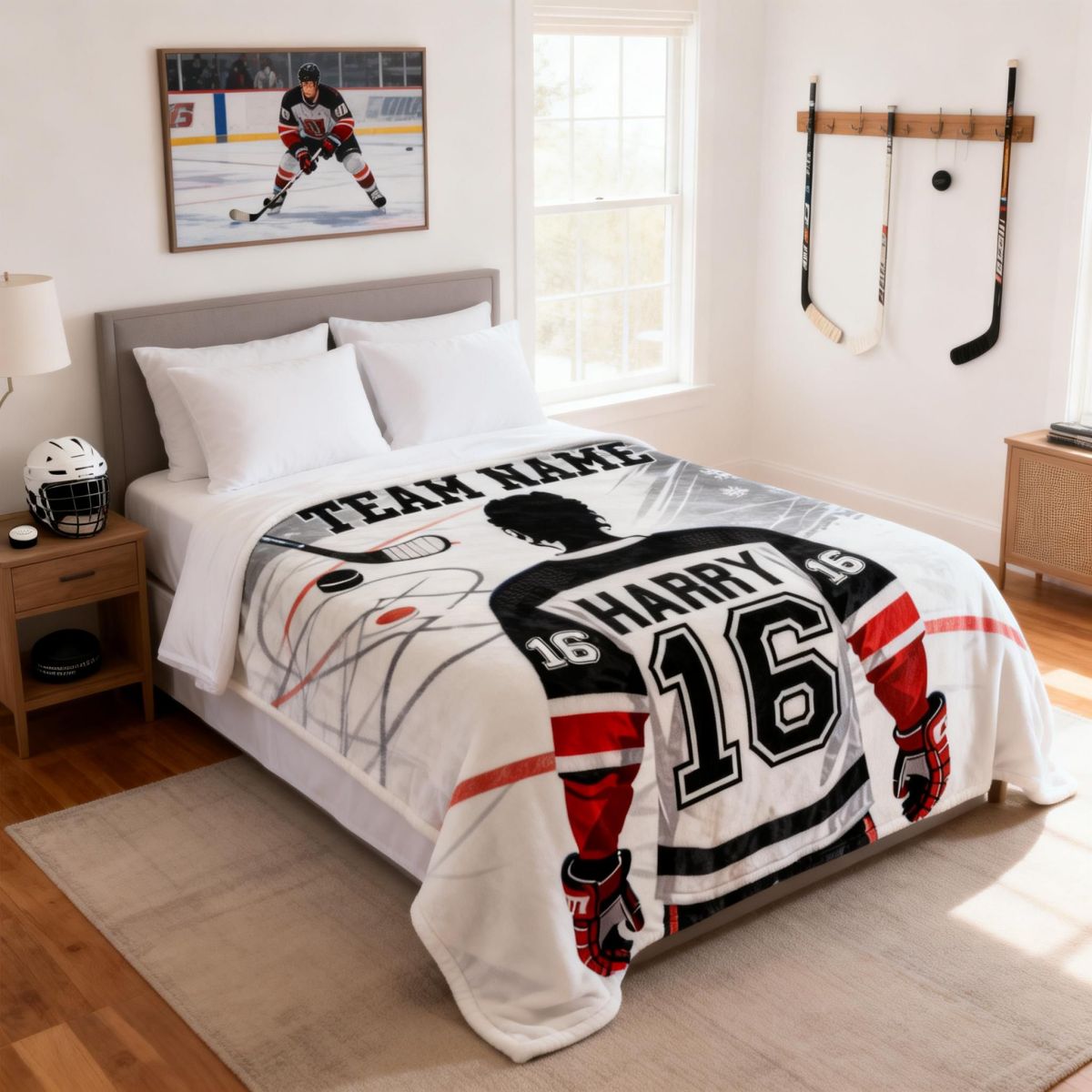 Custom Team Name, Player Name & Number Personalized Hockey Blanket Gift for Hockey Lovers