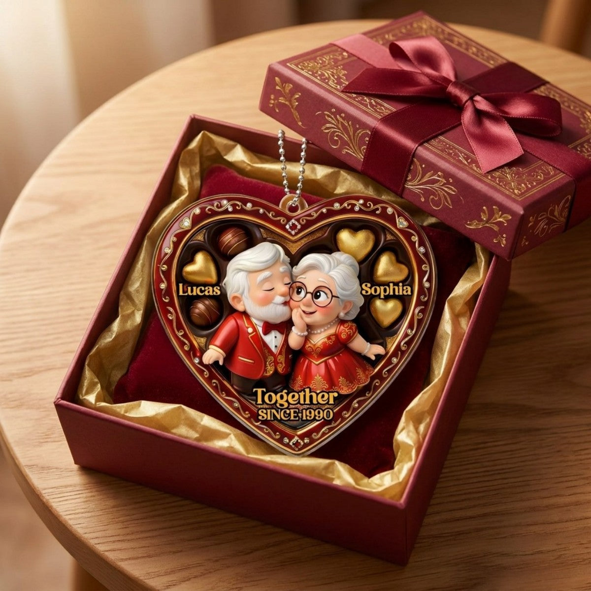 "Together Since [Year]" Heart Ornament With Elderly Couple – Personalized Gift For Grandparents & Couples