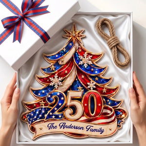 America 250th Anniversary Christmas Tree Wood Sign - Personalized Gifts for Patriotic Family