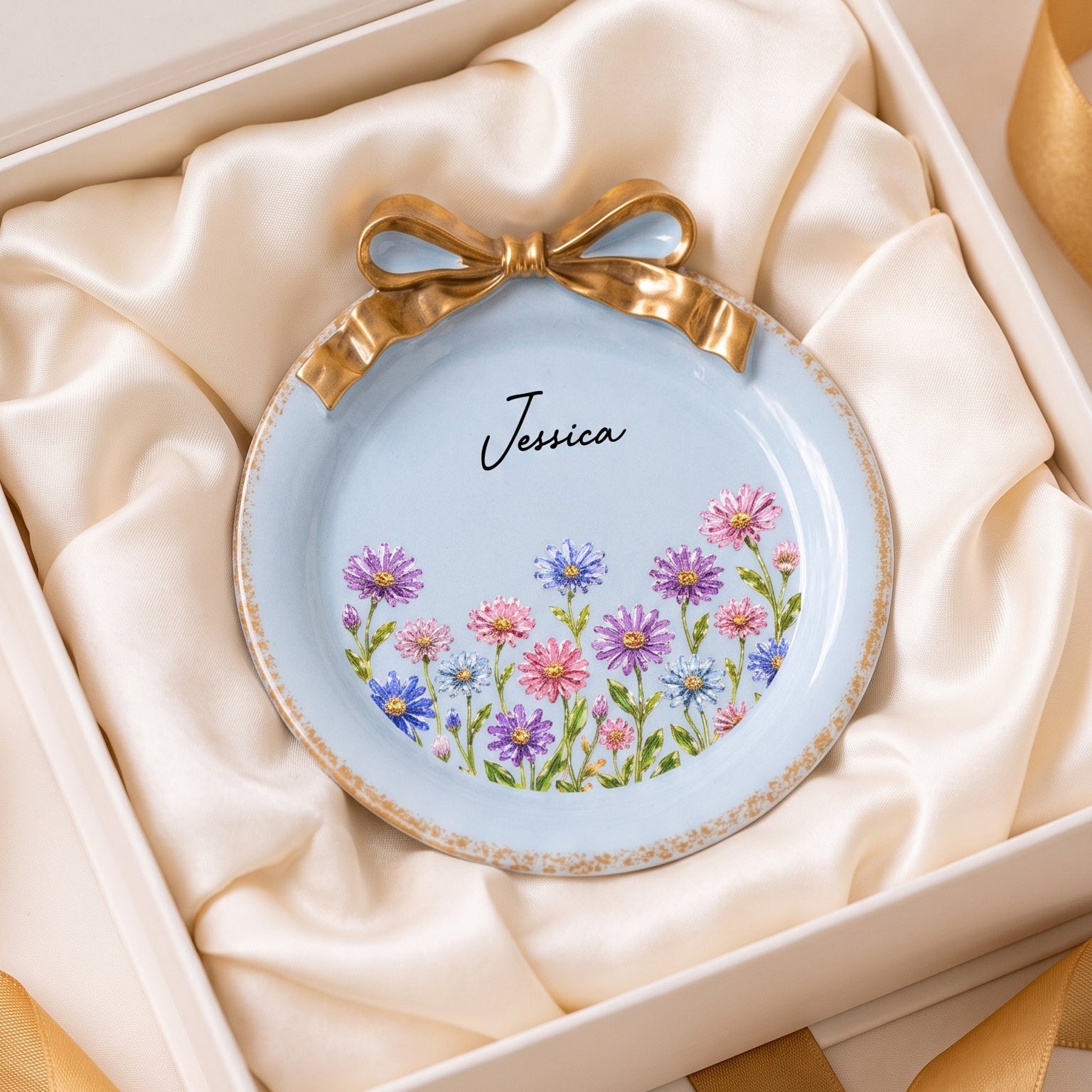 Birth Flower Bow Jewelry Dish Personalized Ceramic Dish