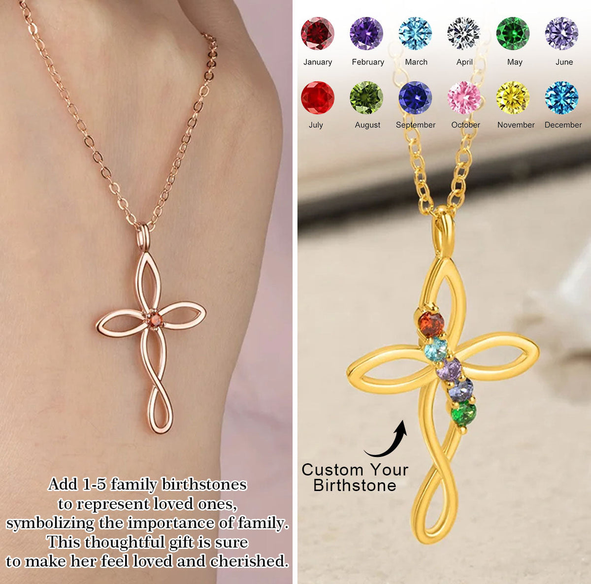 Personalized Wrapped Cross Necklace with 1-5 Family Birthstones - Birthday, Mother's Day Gift for Mom Grandma