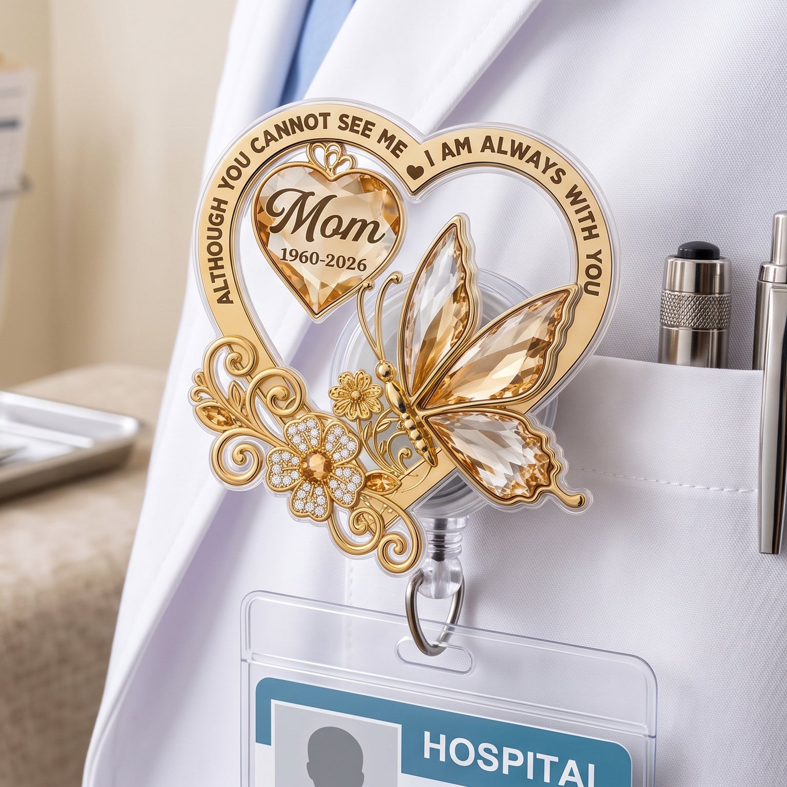 "Always In Our Heart" – Custom Photo Acrylic Badge Reel | Memorial Sympathy Gift For Loss Of Mom, Dad & Loved Ones