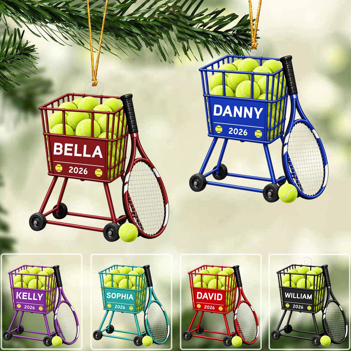 Personalized Tennis Ball Cart Christmas Ornament – Custom Name 2026 | Acrylic Keepsake Gift For Tennis Coach & Player