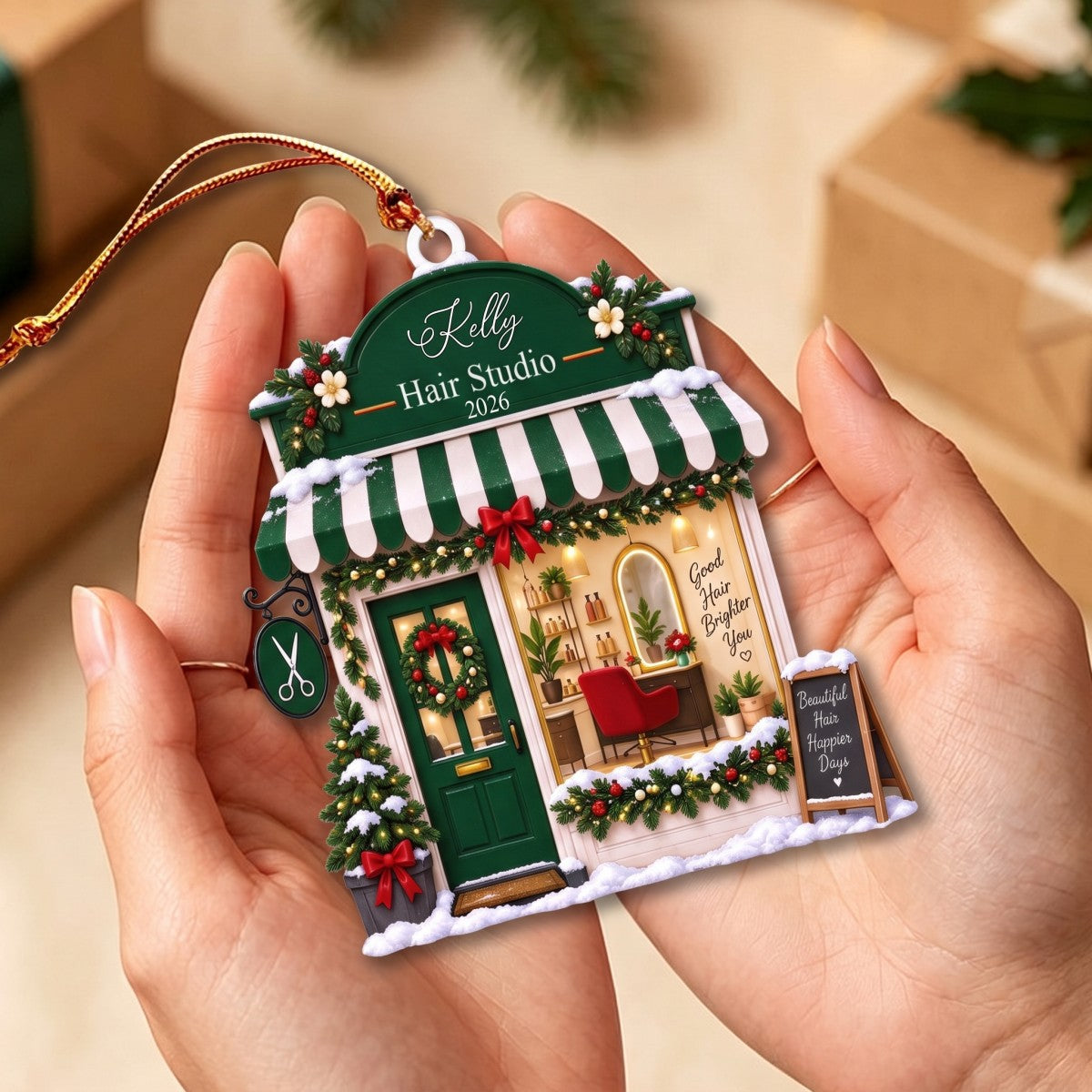Personalized Hair Salon Christmas Shopfront Ornament - Gift for Hairstylist
