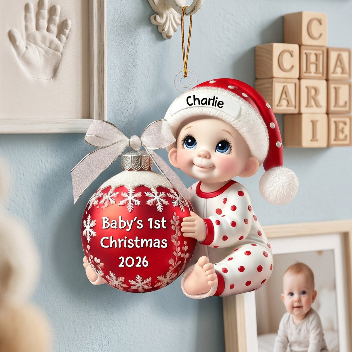 Baby Holding Christmas Bauble – Baby's 1st Christmas Personalized Ornament