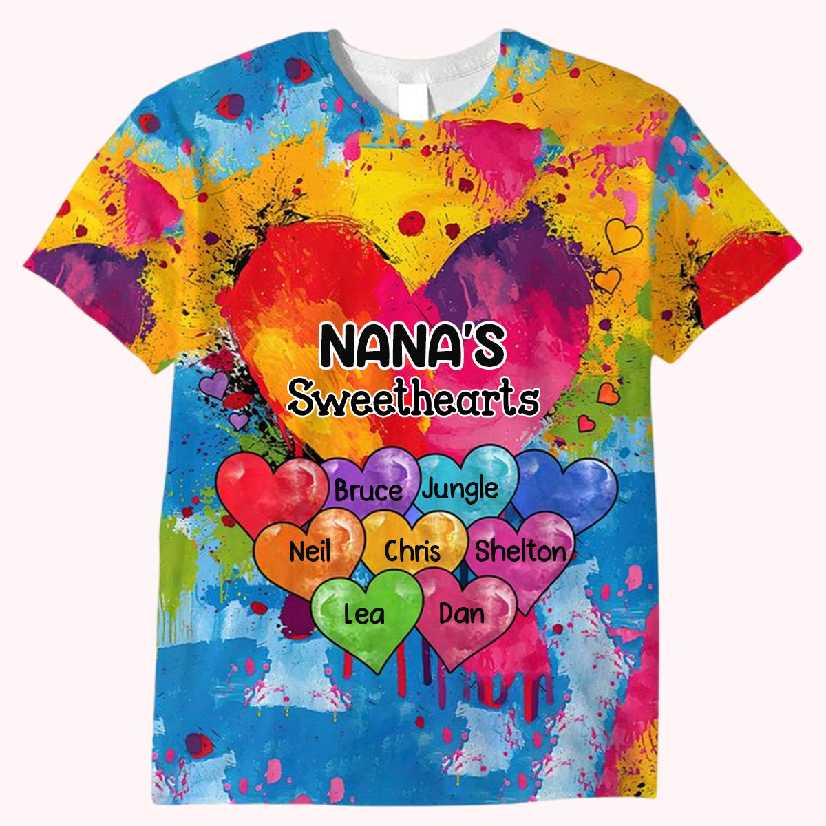 Personalized 3D Vibrant Heart Paint Splatter Grandma Mom Kids All-over Print T Shirt