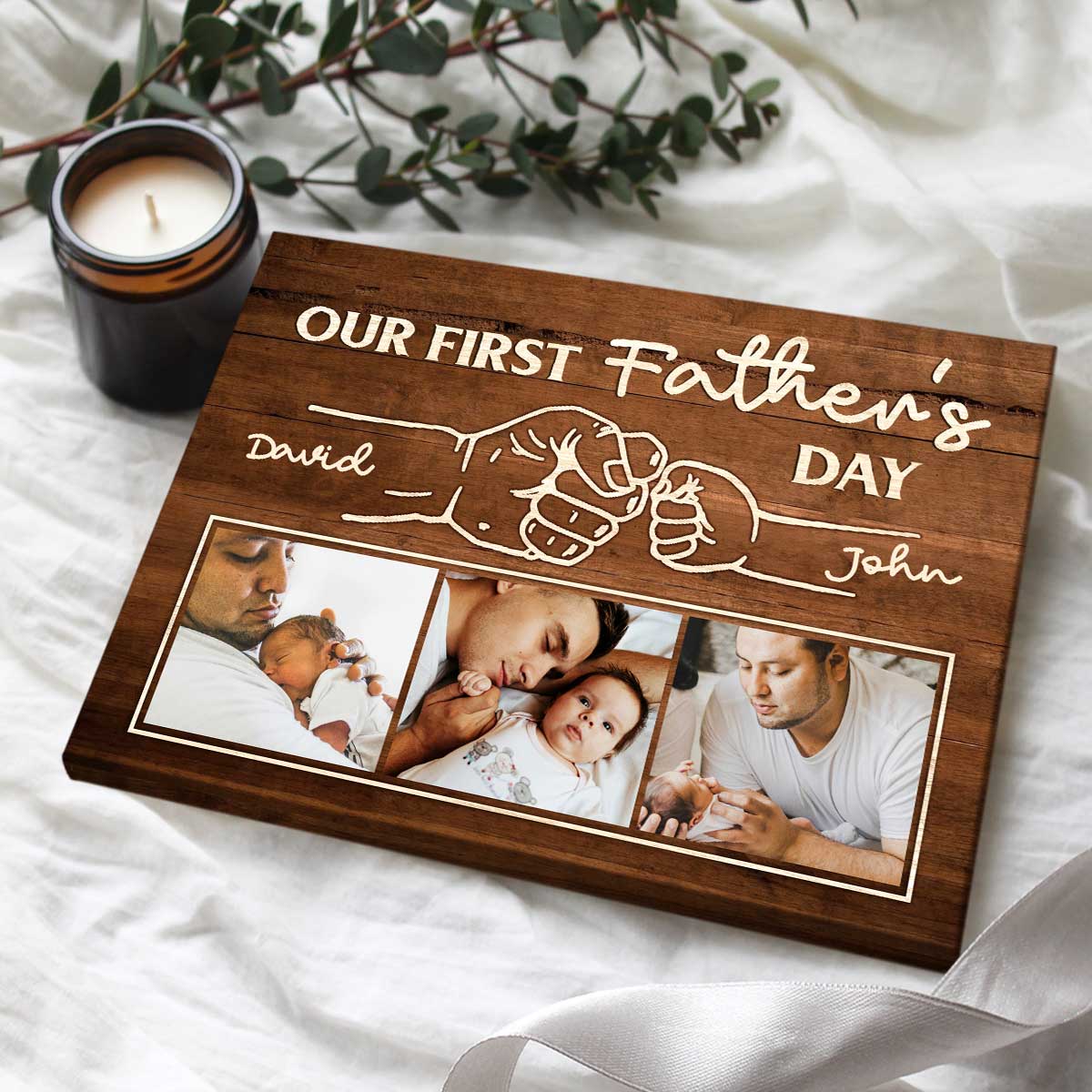 First Father’s Day Custom Fist Bump Canvas Poster, Personalized New Daddy Photo Gifts