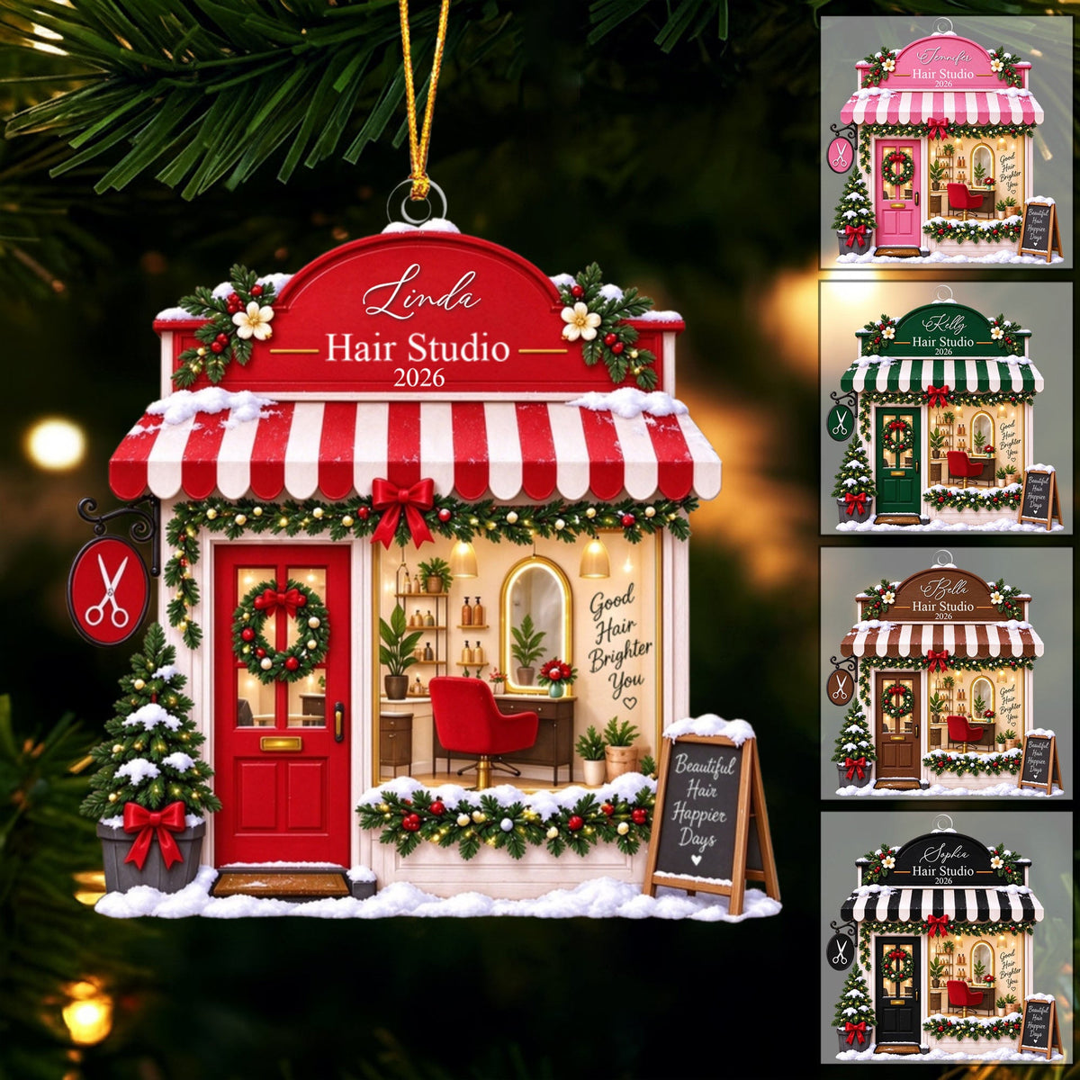 Personalized Hair Salon Christmas Shopfront Ornament - Gift for Hairstylist