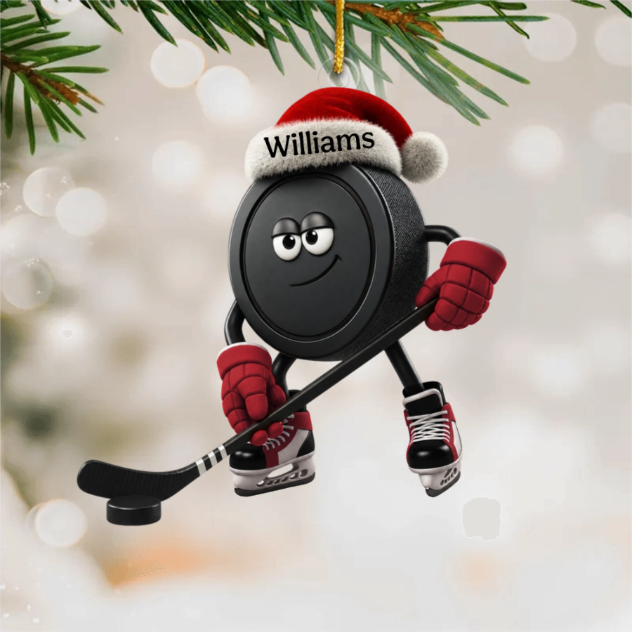 Personalized Santa Hat Hockey Puck Hanging Ornament – Custom Christmas Ice Hockey Acrylic Gift For Fans