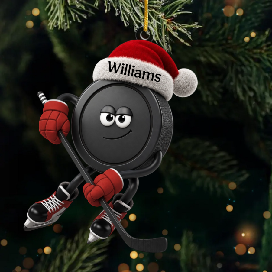 Custom Sly Santa Hockey Hanging Ornament – Personalized Smiling Puck Character With Stick & Skates | Christmas Sports Gift