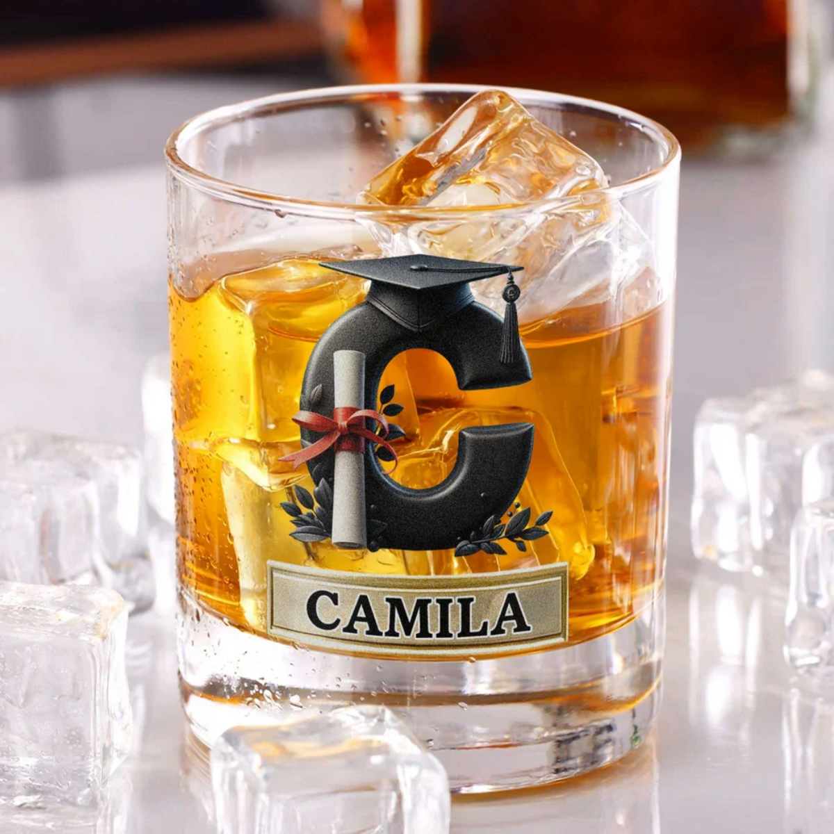 Personalized Graduation Cap Initial Whiskey Glass Gift for Graduates Whiskey Lovers