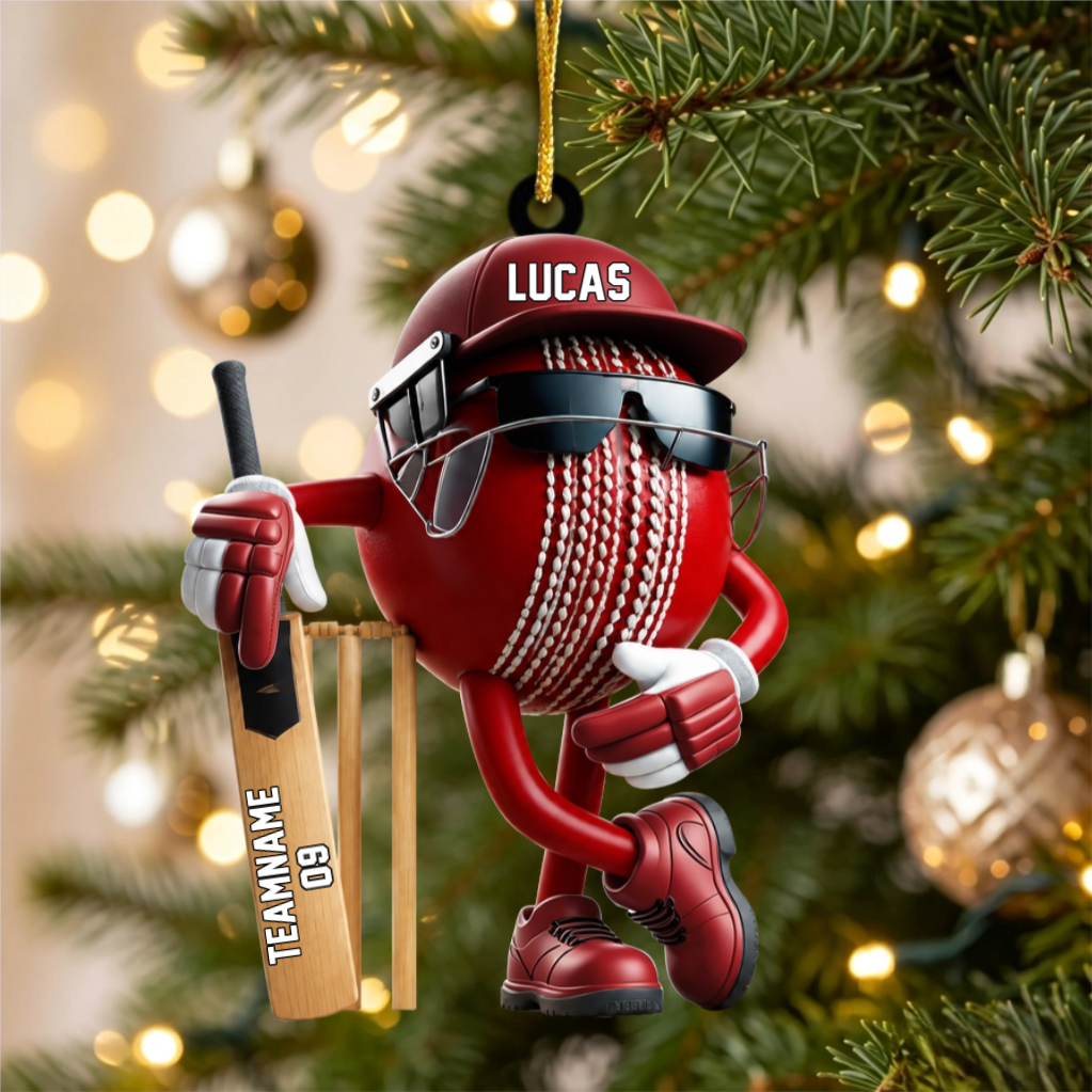 Custom Name & Number Cricket Ball Acrylic Ornament– Personalized Gift For Cricket Lovers
