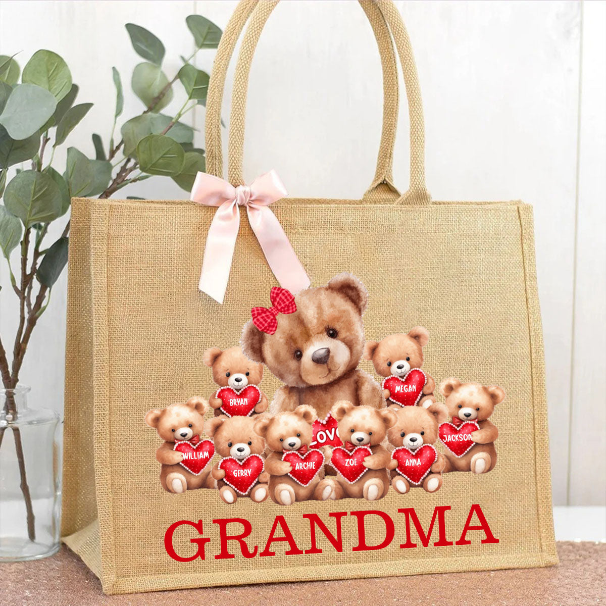 Personalized Grandma Bear With Cute Little Bear Kids Jute Tote Bag