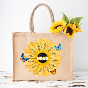 Personalized Grandma/Mom With Kids Name Flower Jute Tote Bag