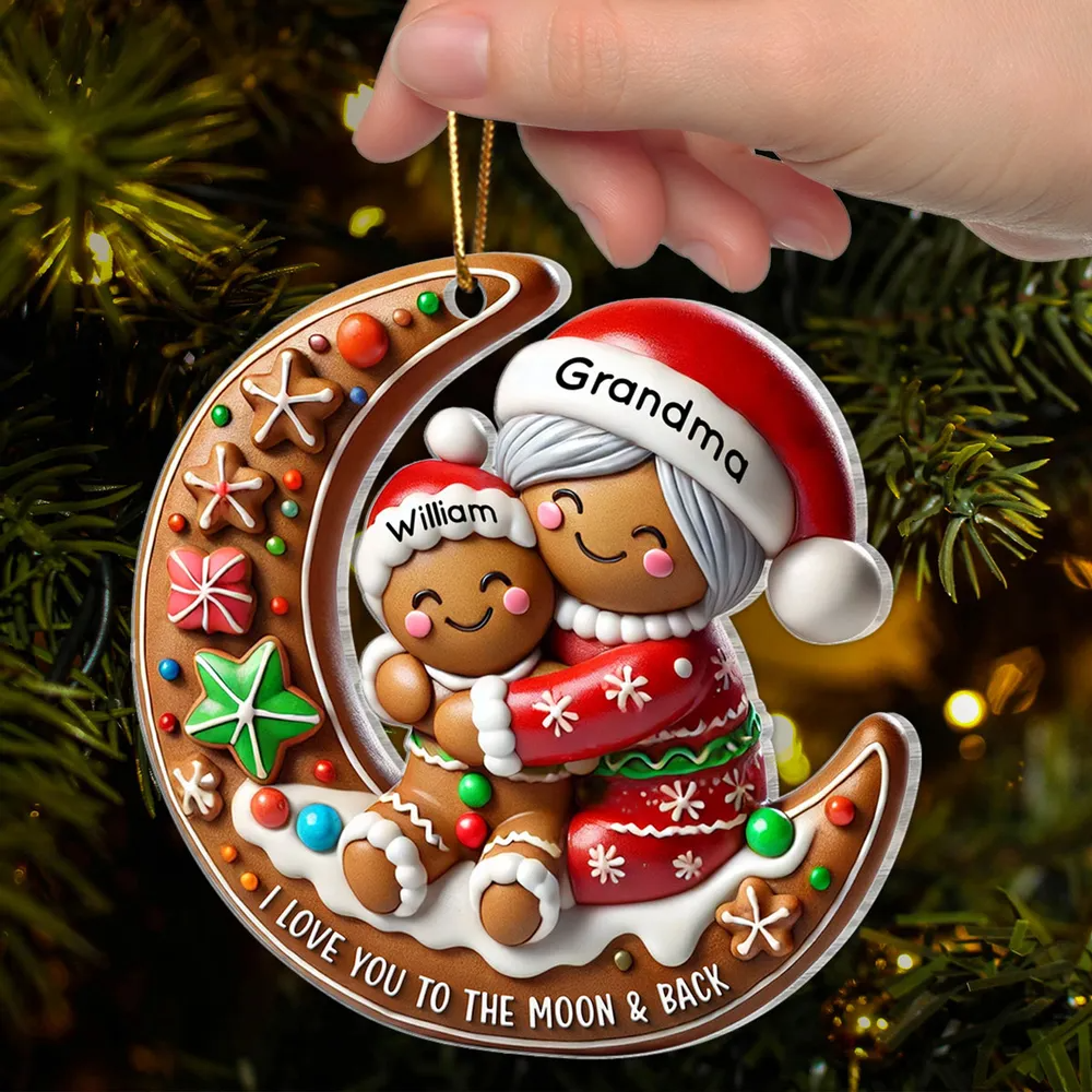 Grandma Hugging Grandkid On Moon Christmas Personalized Acrylic Ornament, Meaningful Gift For Granddaughter, Grandson