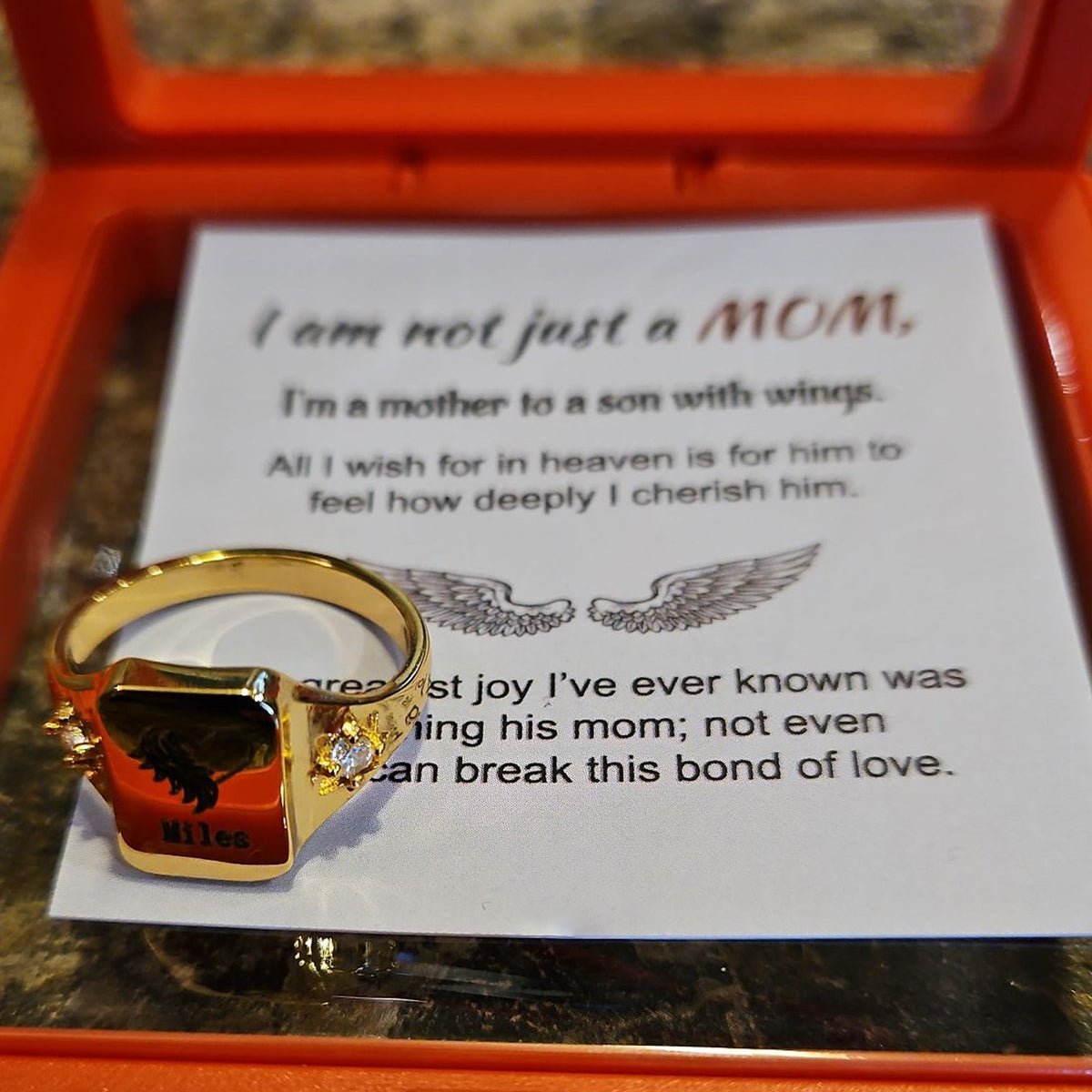 I'm A Mother To A Son With Wings - Engraved Name Personalized Ring