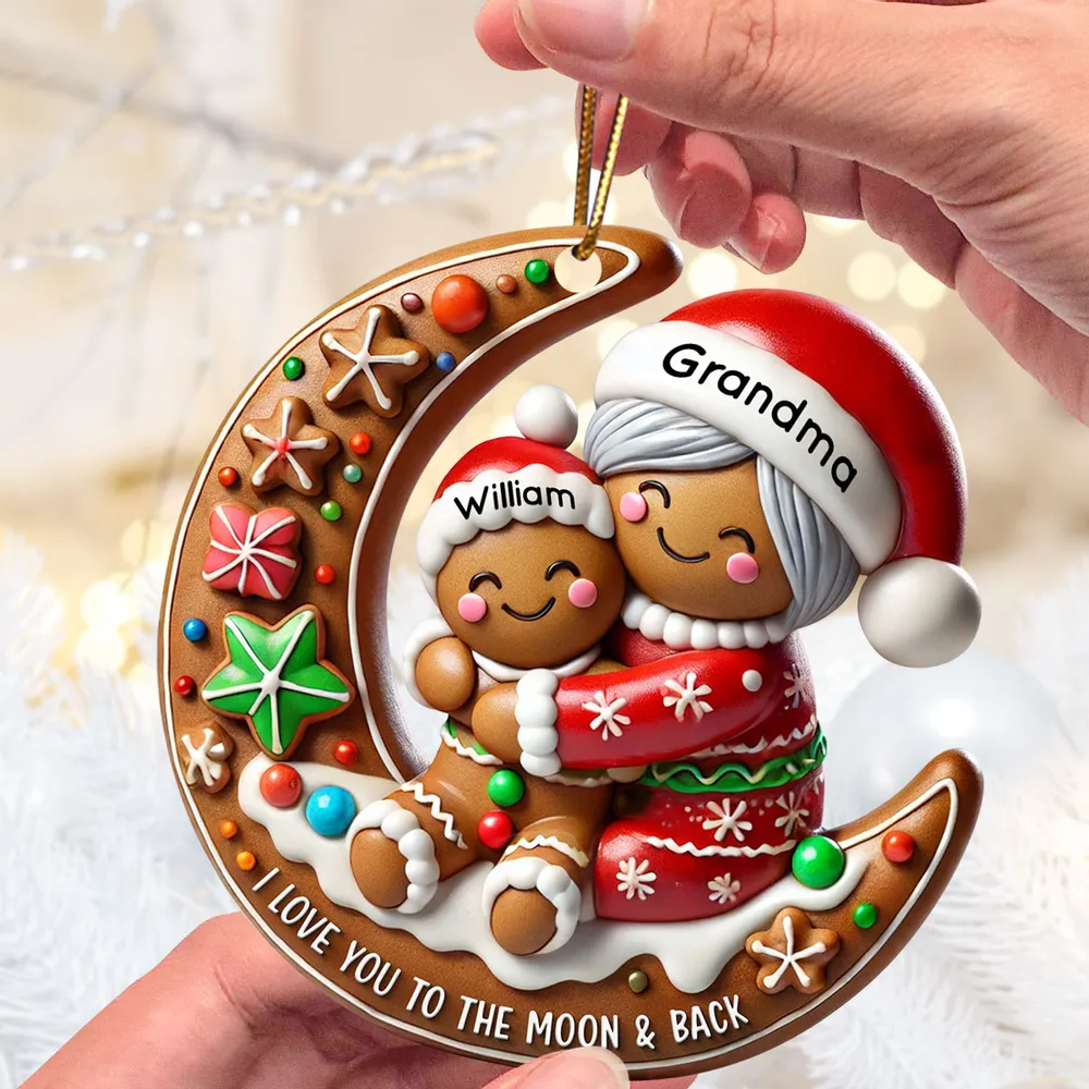 Grandma Hugging Grandkid On Moon Christmas Personalized Acrylic Ornament, Meaningful Gift For Granddaughter, Grandson