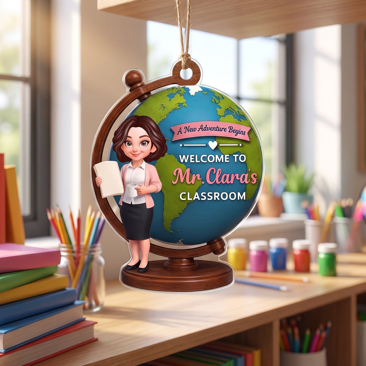 Personalized "A New Adventure Begins" Acrylic Hanging Ornament – Globe Art Teacher Gift For Classroom