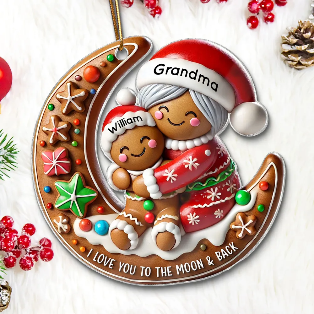 Grandma Hugging Grandkid On Moon Christmas Personalized Acrylic Ornament, Meaningful Gift For Granddaughter, Grandson