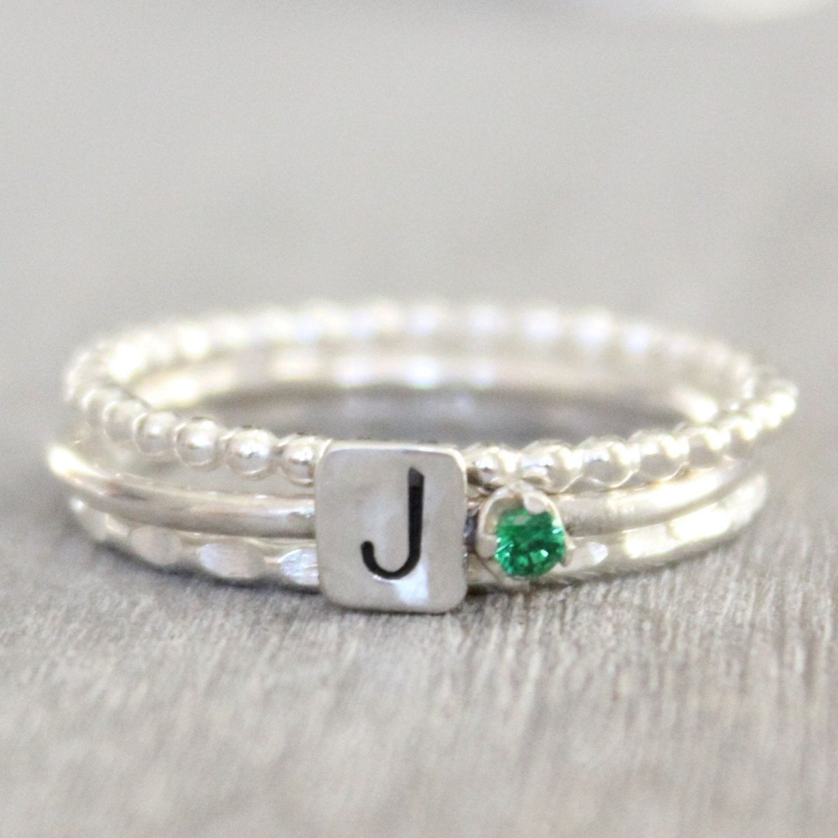 Personalized Birthstone Ring with Initials Stacking Rings - Mother's Rings