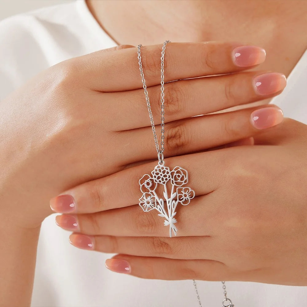 Personalized Birth Flower Bouquet Necklace Gift For Family, Friend