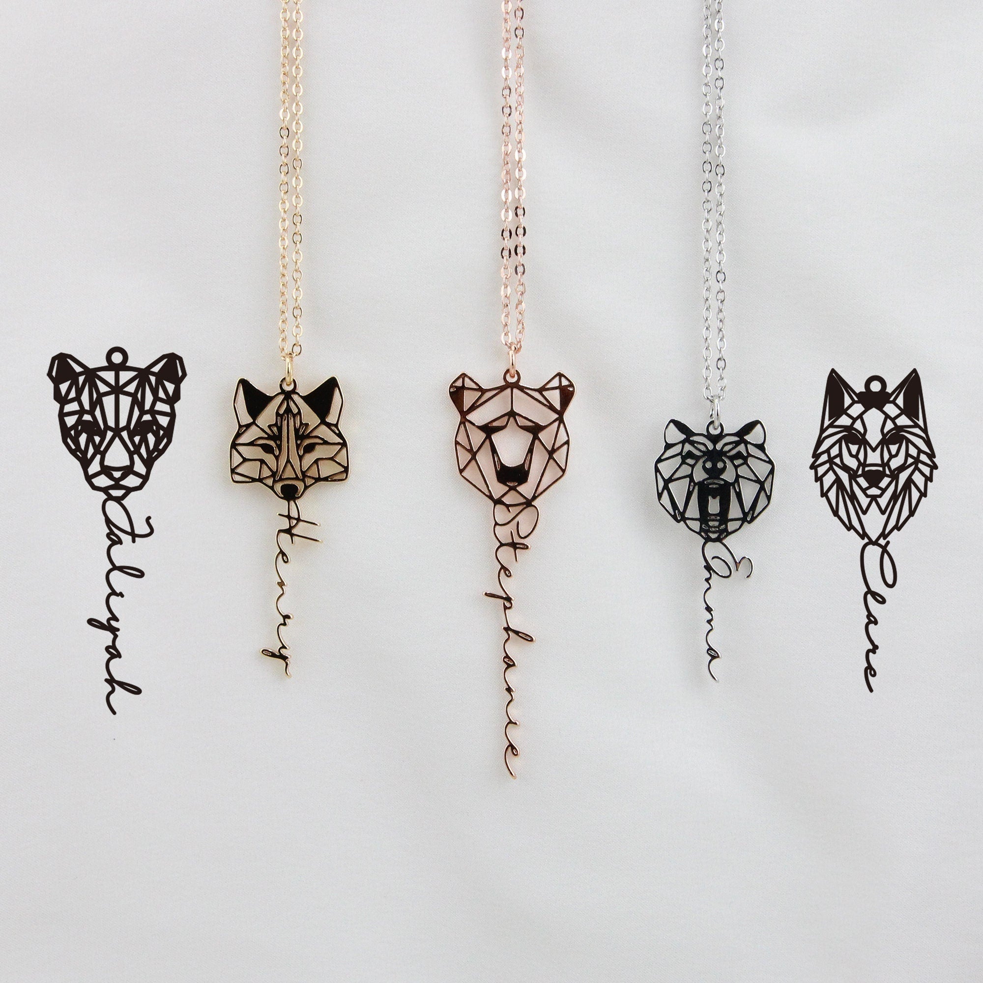 Custom Chain Animal Necklace with Name, Personalized Wolf/ Fox/ Mama Bear/ Lion Geometric Jewelry for Women, Memorial Gift for Her/Mother