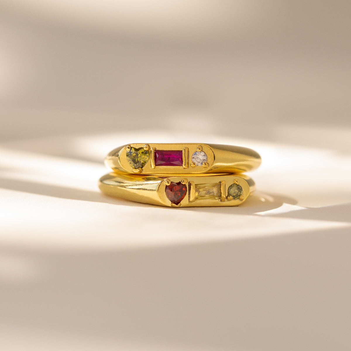 Personalized Gemstone Signet Ring • Birthstone Ring with Heart, Baguette & Circle Birthstones