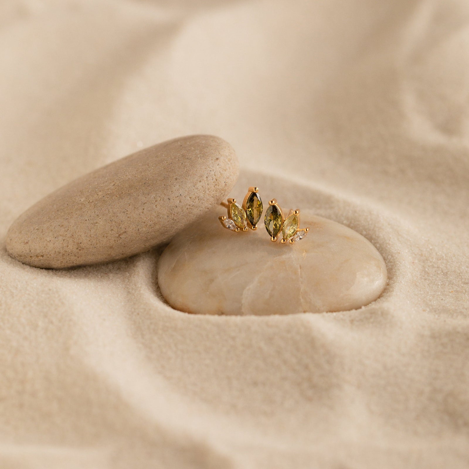 Minimalist Stud Earrings, Olive Leaf Style • Green Crystal Earrings
