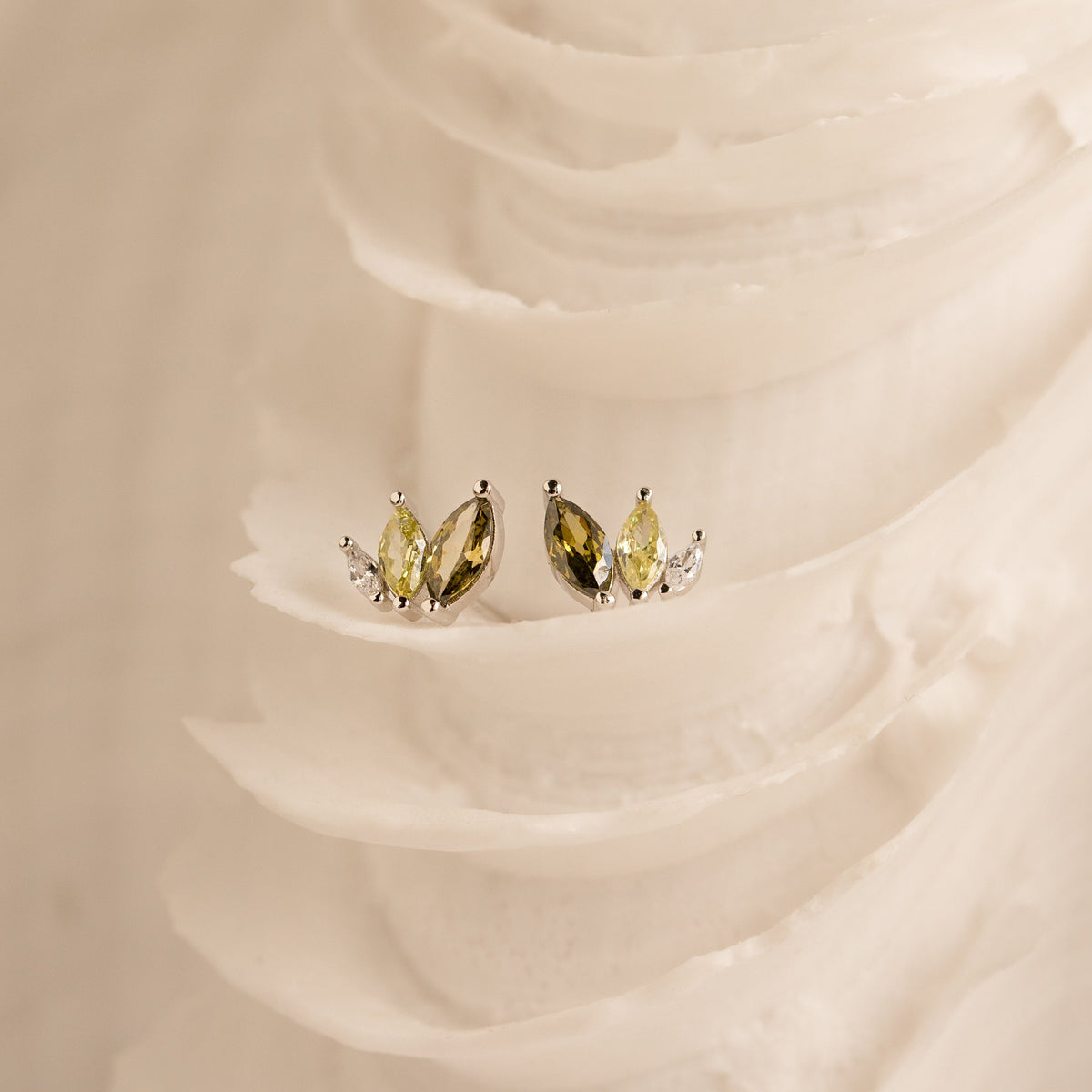 Minimalist Stud Earrings, Olive Leaf Style • Green Crystal Earrings