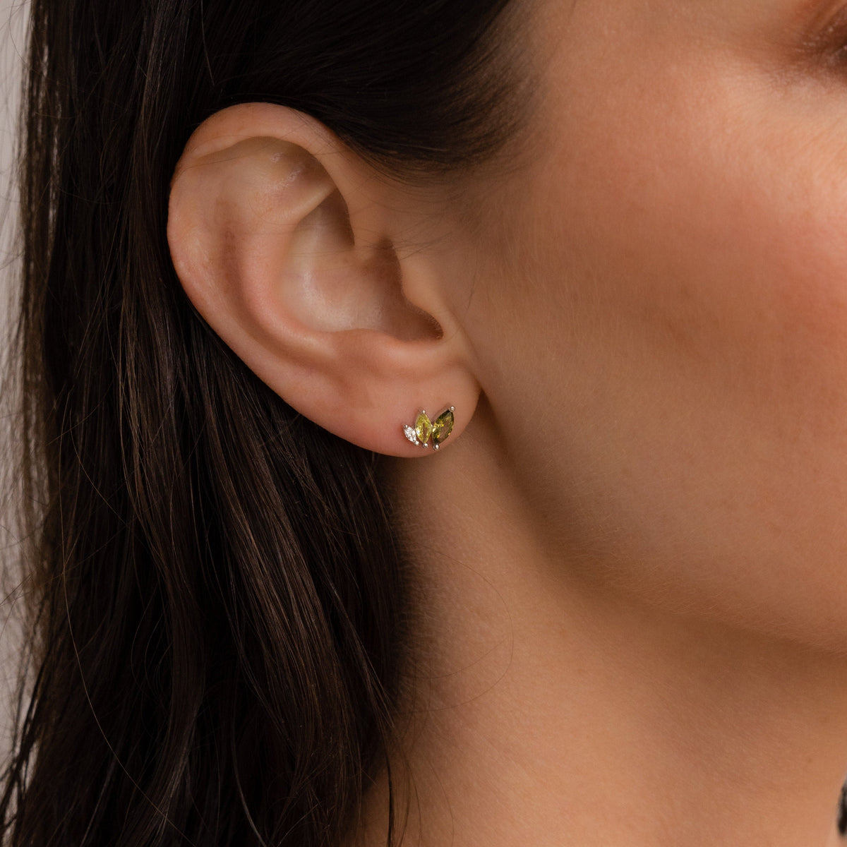 Minimalist Stud Earrings, Olive Leaf Style • Green Crystal Earrings
