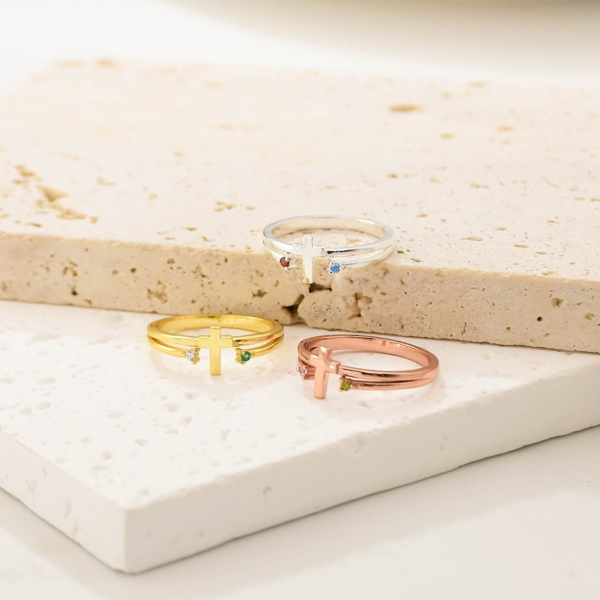 Personalized Cross Birthstone Ring for Women Mom Ring Best Friend Gift