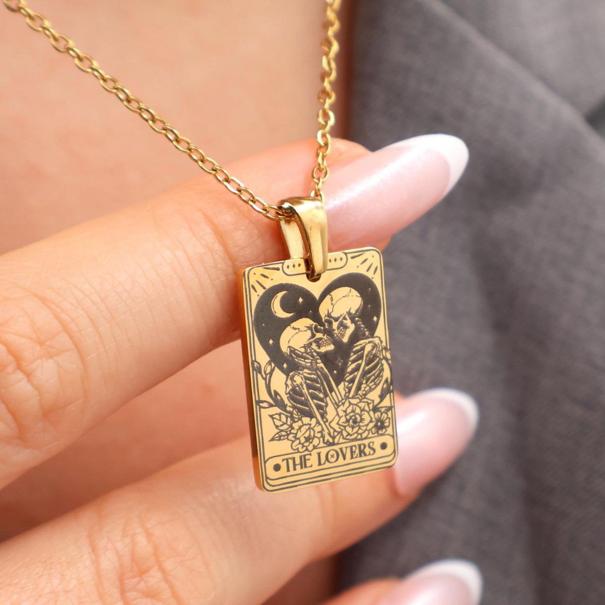 Personalized Couple Skull The Lovers Tarot Card Necklace