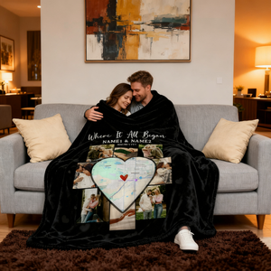 Custom Picture Collage Blanket With Location Map, Personalized Where It All Began Gift, Blankets For Couples