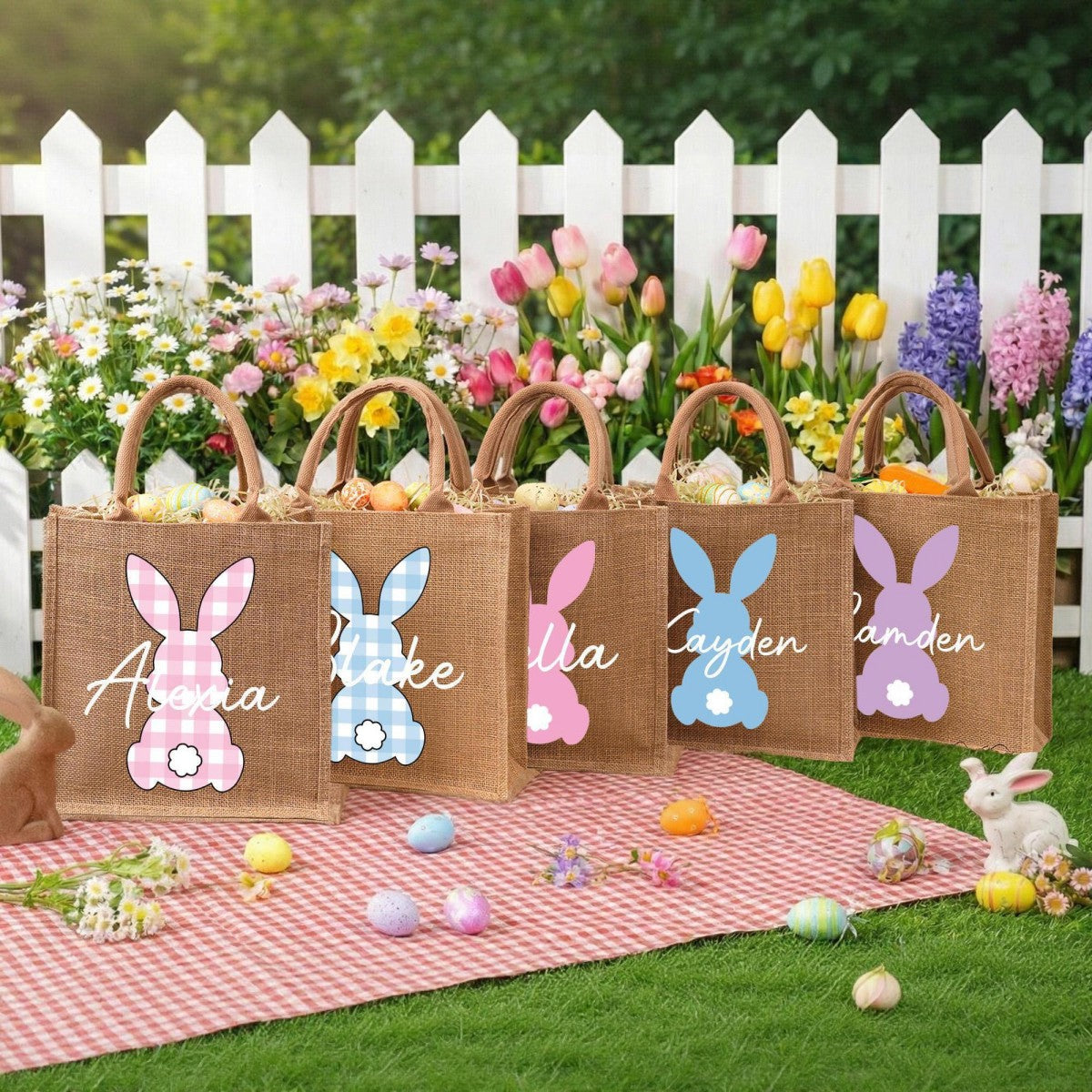 Custom Name Bunny Bag - Personalized Easter Jute Tote Bag, Kids Egg Hunt Bag