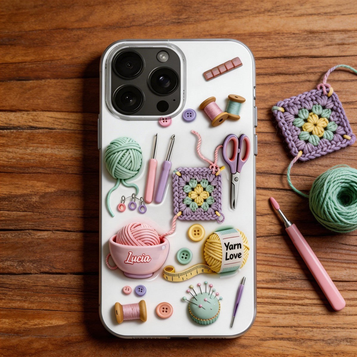 Yarn & Scissors, Personalized Clear Phone Case, Gift For Crafters And Sewers