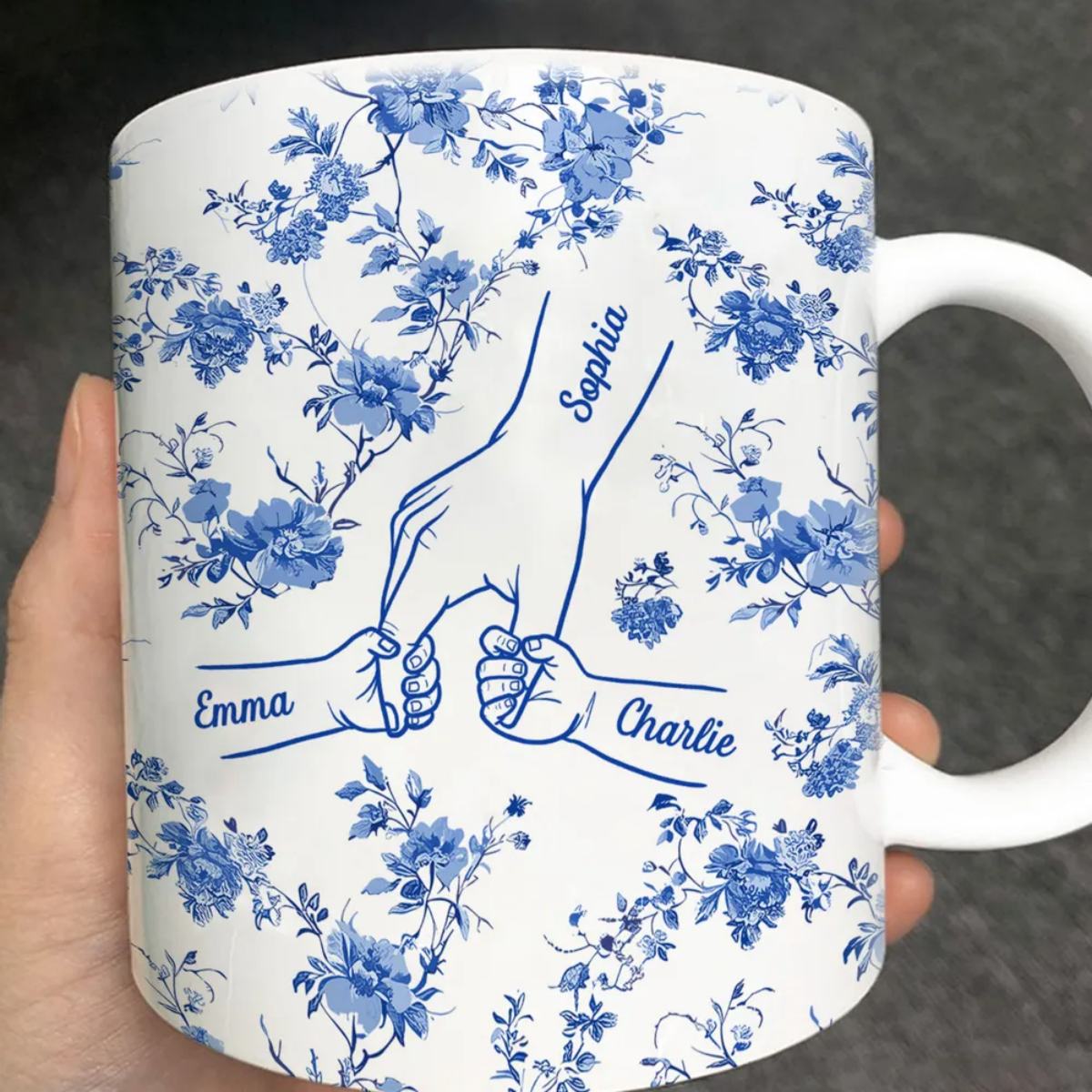 Mom & Kids Hands Holding Outline Chinoiseries Pattern Personalized Mug