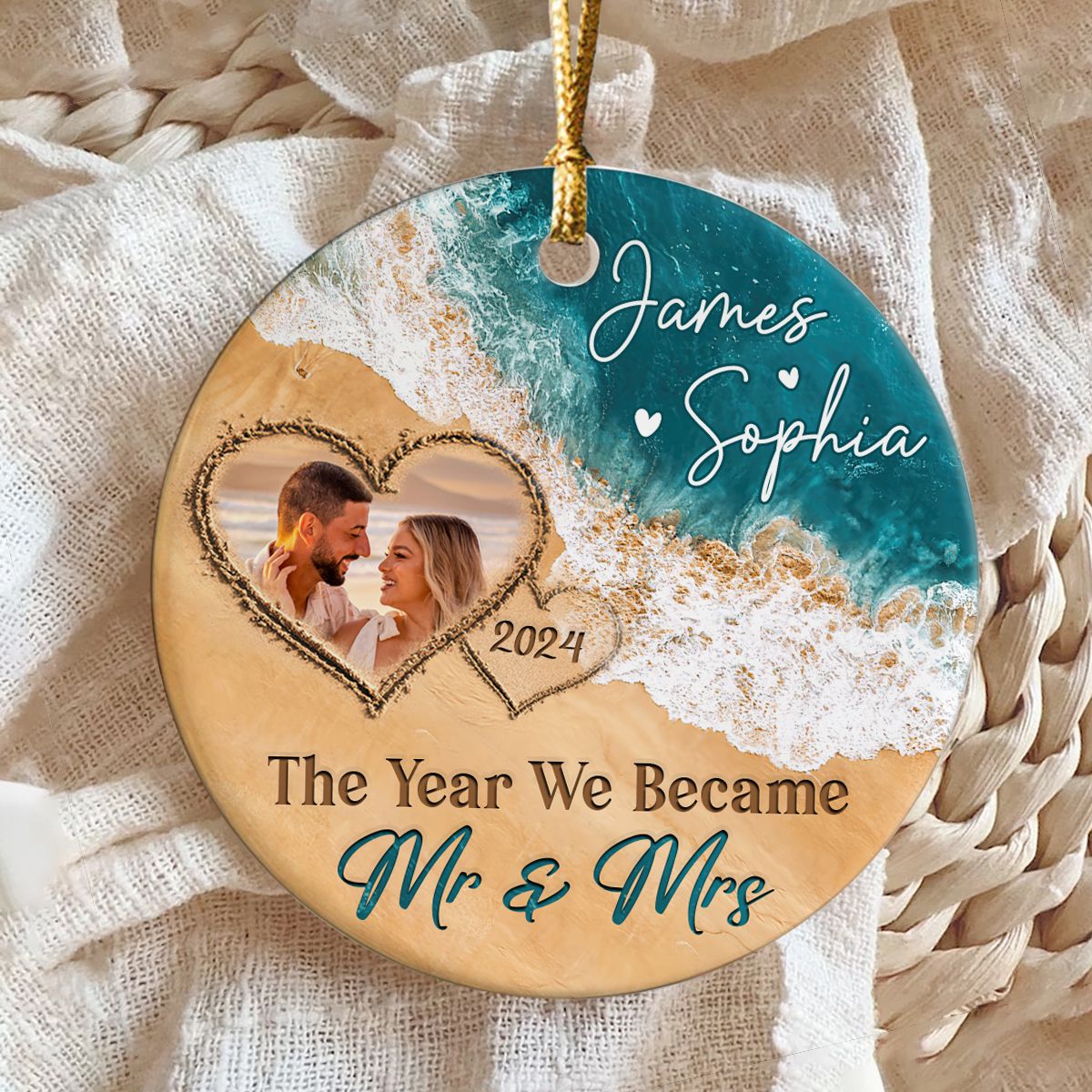 The Year We Became Mr & Mrs – Personalized Beach Christmas Ceramic Ornament Gift For Couple