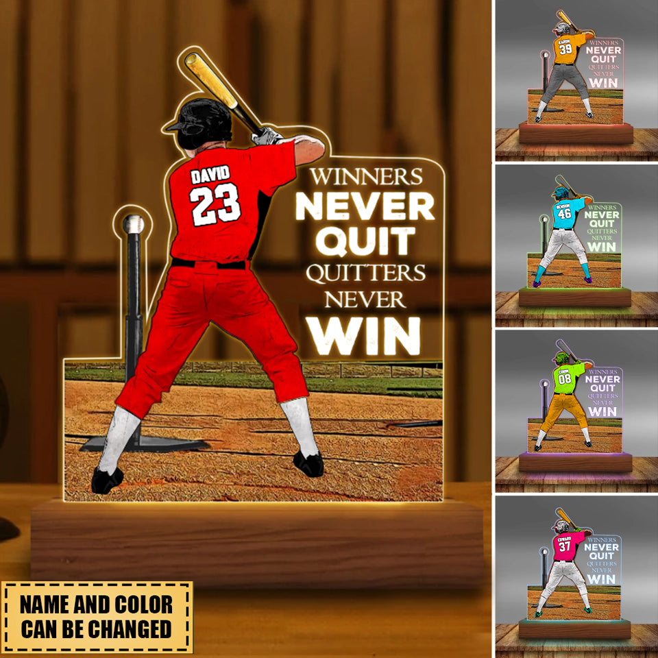 Custom Personalized Baseball Led Night Light, Baseball Gifts, Baseball Room Decor - Winners Never Quit And Quitters Never Win