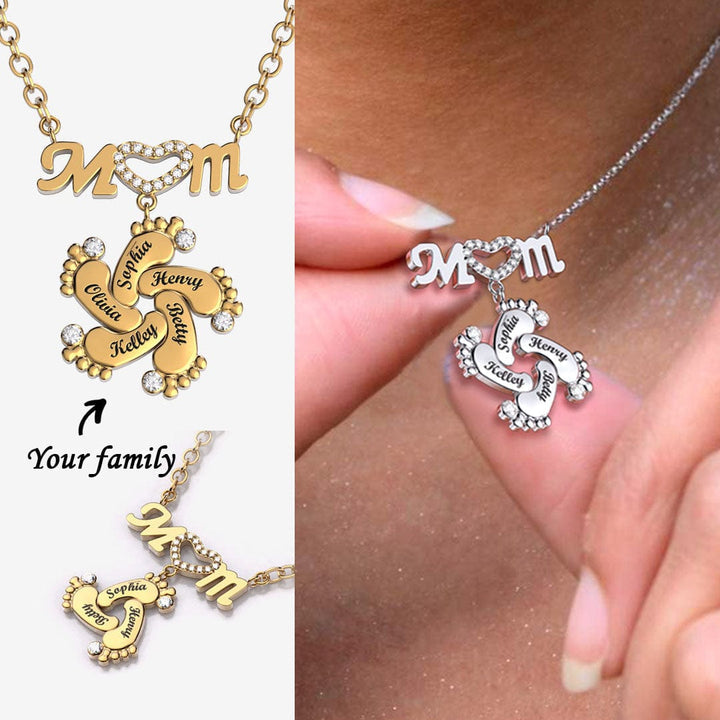 Mother's Day Gift Personalized Diamond Mom Necklace With Crystal Baby Feet