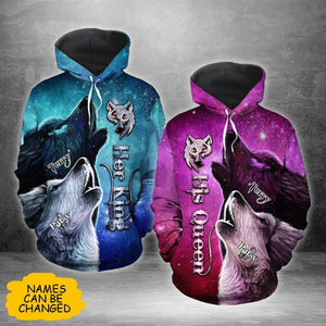 Wolf Couple Her King His Queen Valentine Gift Couple Matching 3D Hoodie