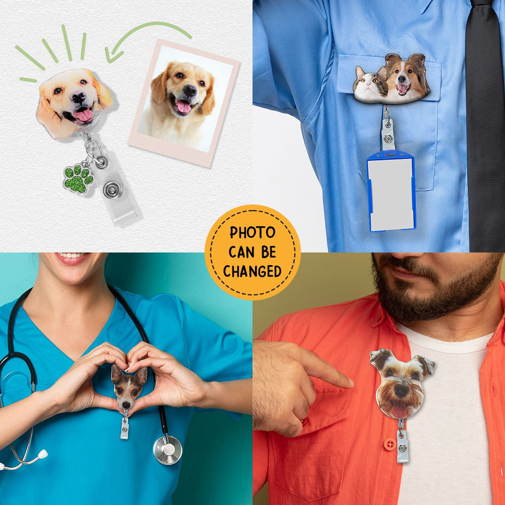 Personalized Pet Portrait Badge Reel with Glitter Paw Charm Gift for Pet Lover