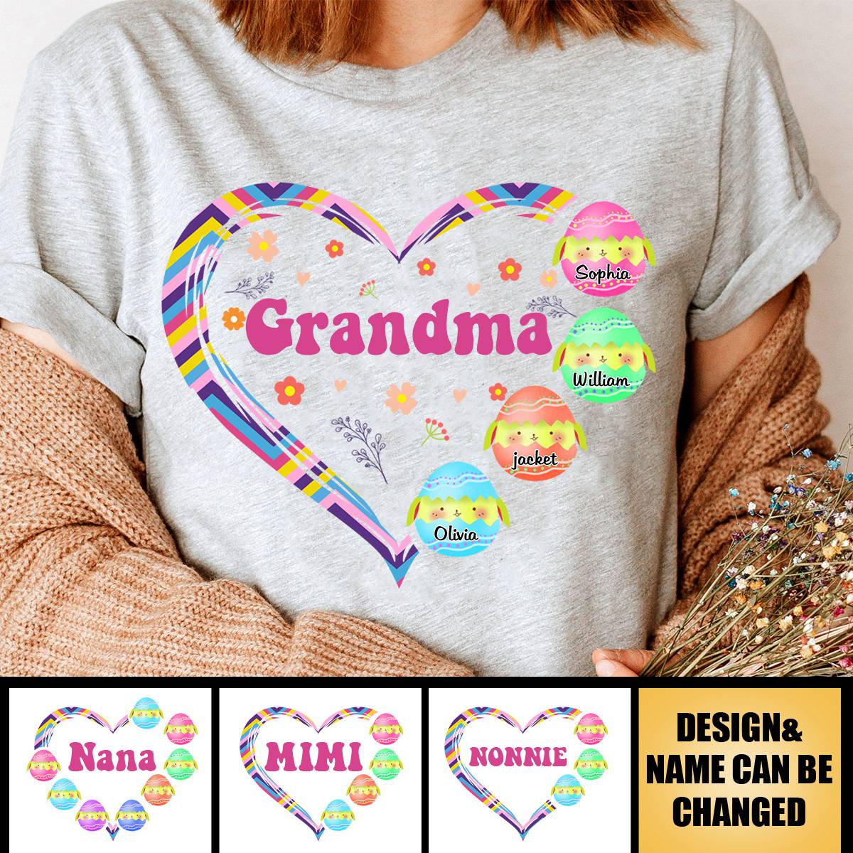 Personalized Easter Grandma With Kids Eggs Pure cotton T-shirt