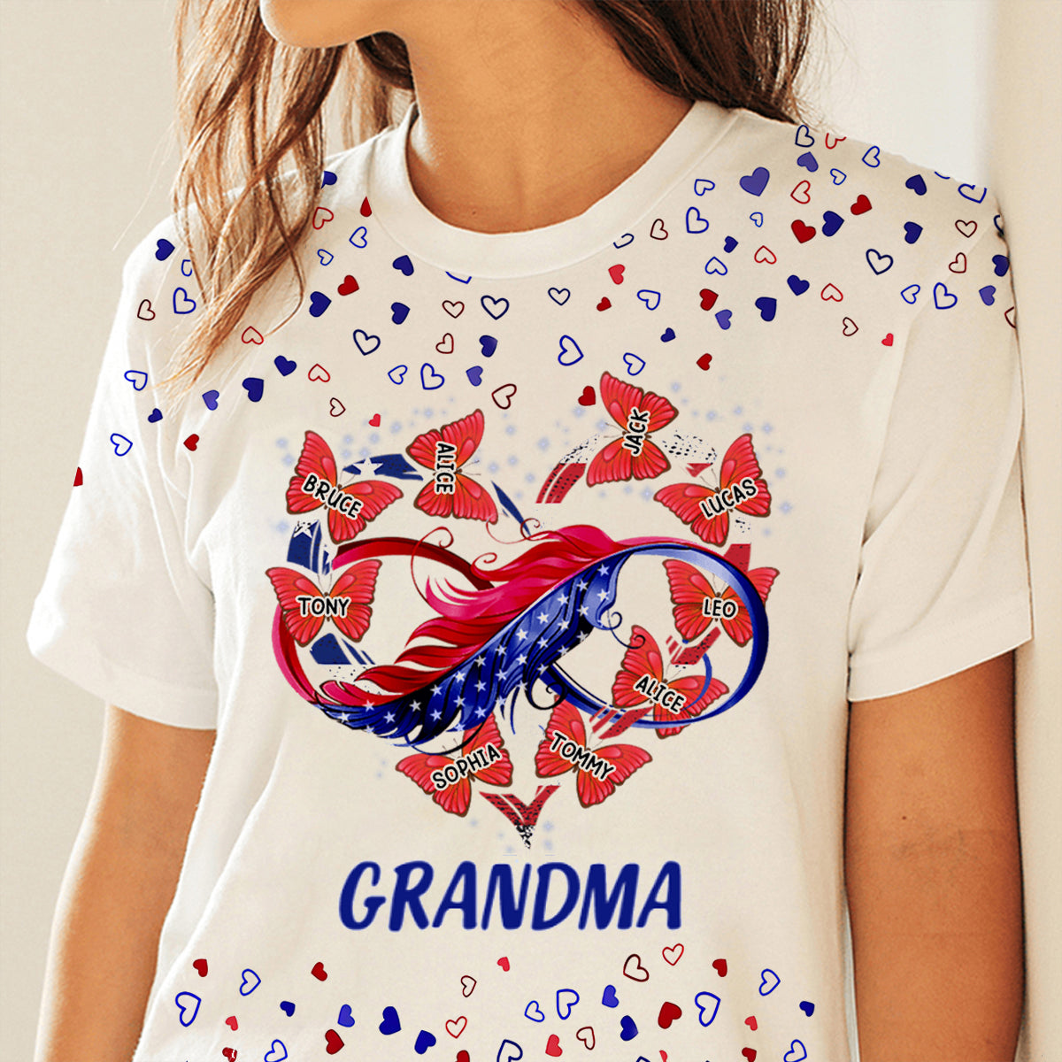 Grandma Nana Mom Butterfly Heart Love Grandkids 4th July Personalized T-shirt
