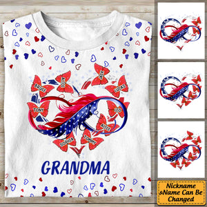Grandma Nana Mom Butterfly Heart Love Grandkids 4th July Personalized T-shirt