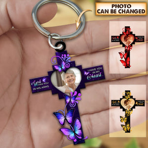 Personalized God has you in his arms Memorial Gift Butterfly Cross Keychain