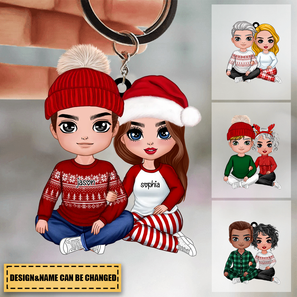 Christmas Doll Couple Sitting Hugging Personalized Acrylic Keychain